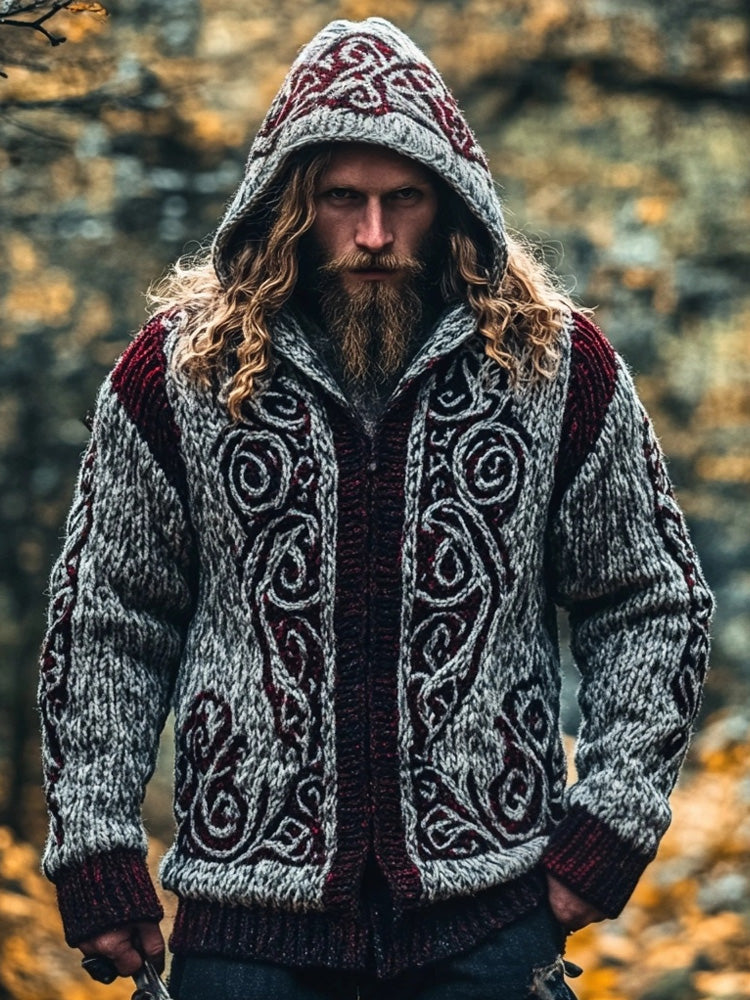 Men's Viking Inspired Embroidered Cozy Chunky Hooded Cardigan elevenforest
