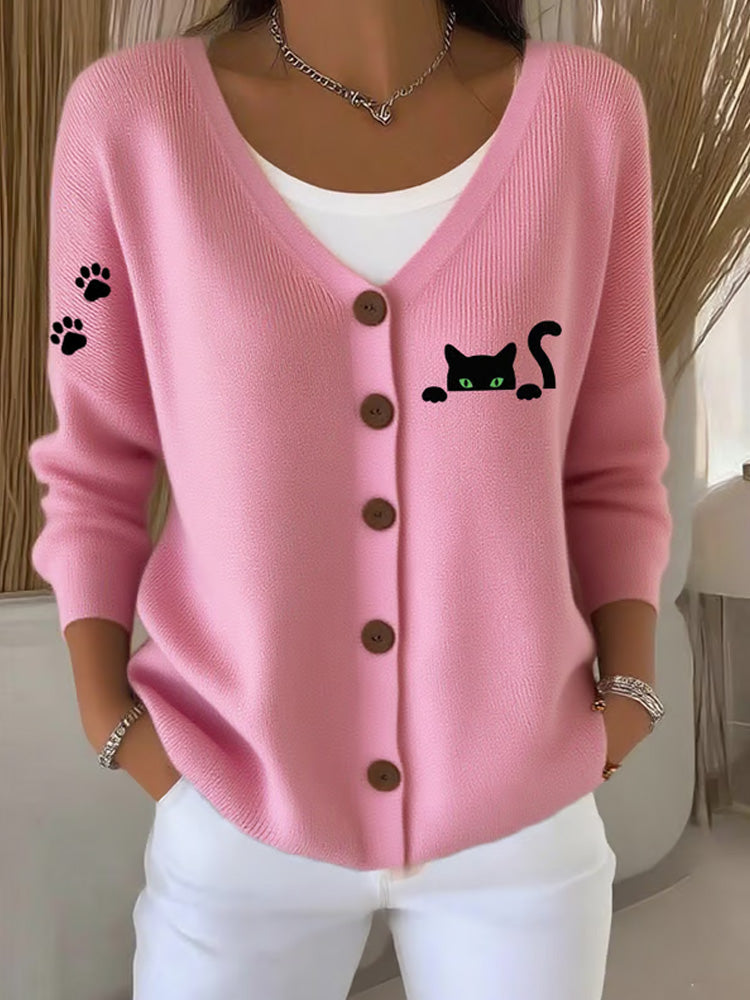 Women's Cute Cat Print Casual Knitted Cardigan artswardrobe