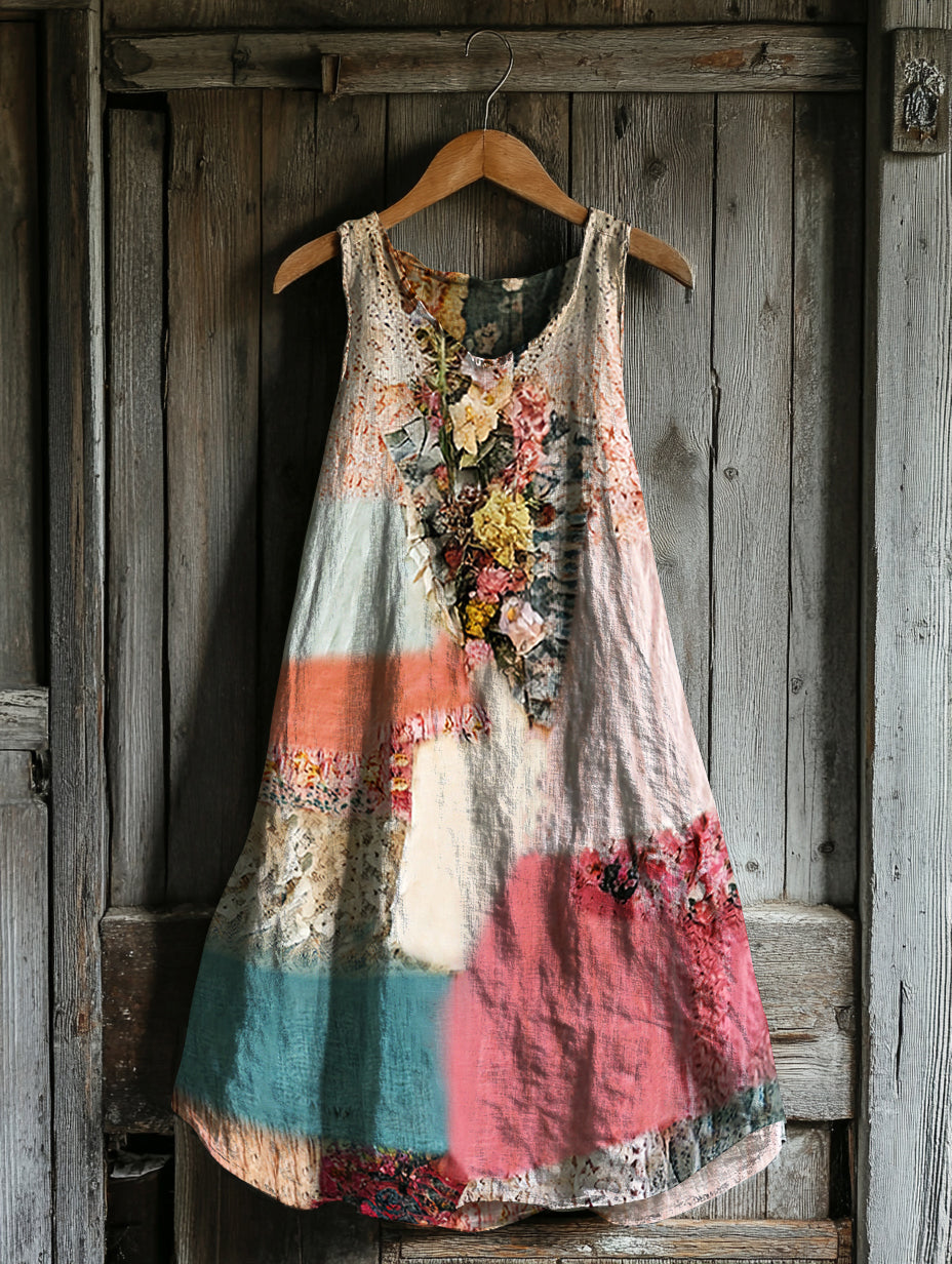 Women's Vintage Tribal Floral Patch Cotton And Linen Dress artswardrobe
