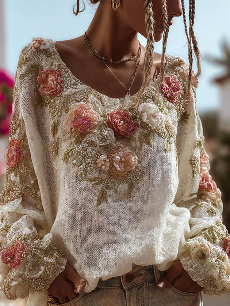 Bohemian Style Three-dimensional Pink Flower Knitted Pattern Women's V-neck Long-sleeve Knitted Sweater elevenforest
