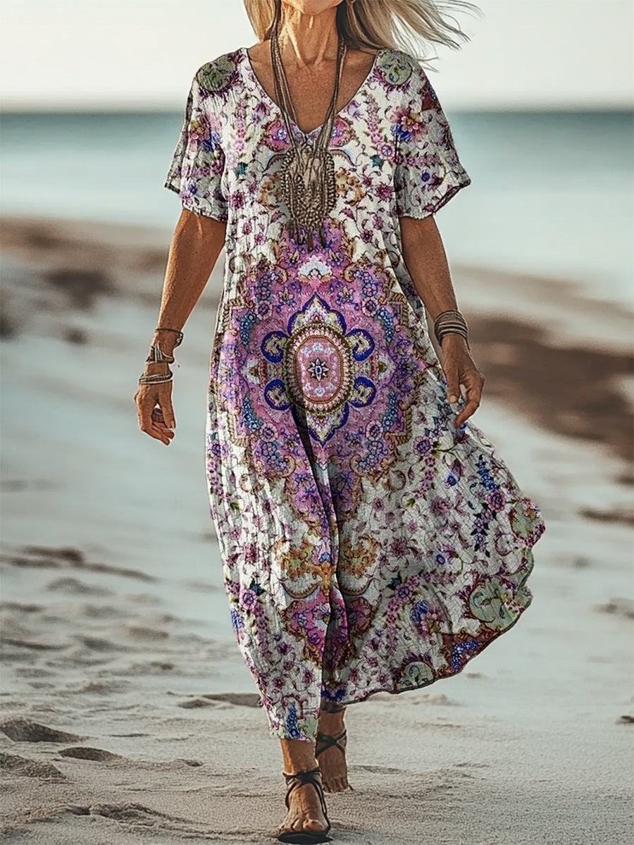Women's Vintage Ethnic Totem Art Print V Neck Pocket Cotton Dress
