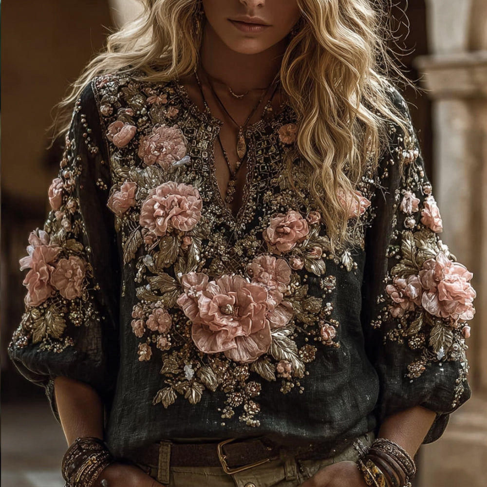 Comstylish Bohemian Style Pink Flower Casual Long Sleeved Top