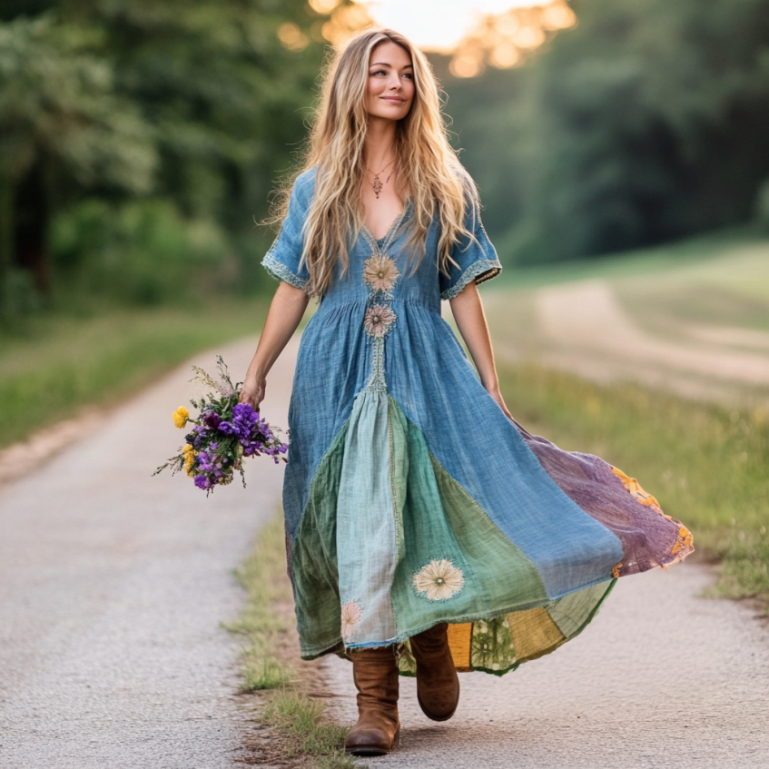 Spring Girl Green Pastoral Style Retro Floral Embroidery Pattern Art Linen Tank Dress artswardrobe