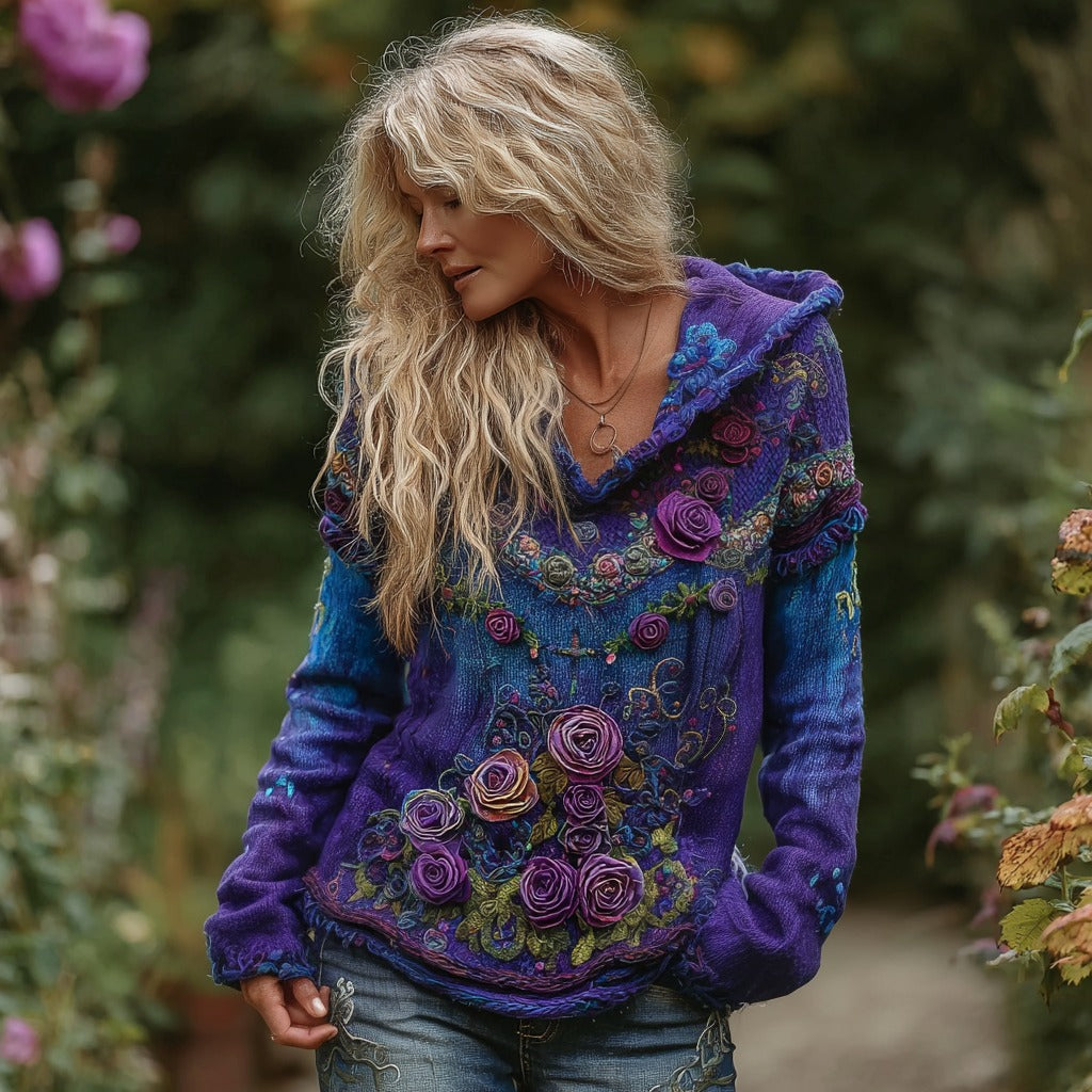 Women's Vintage Purple Rose Embroidered Knit Hooded Sweater elevenforest