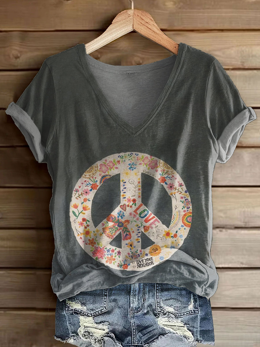 Women's Hippie Peace Love Art Print V-neck Casual T-Shirt