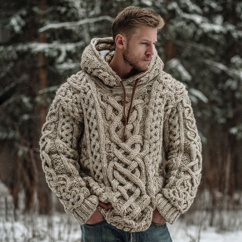 Men's Vintage Viking Celtic Knot Art Cozy Jacquard Knit Hooded Sweater artswardrobe