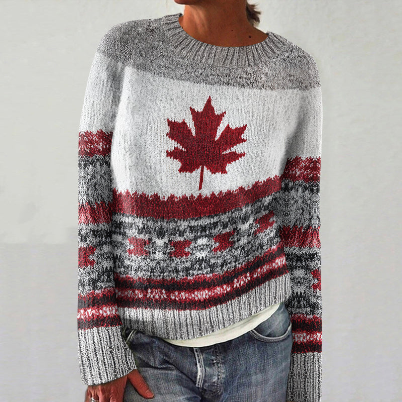 Women's Canadian Pattern Cozy Crew Neck Knit Sweater elevenforest