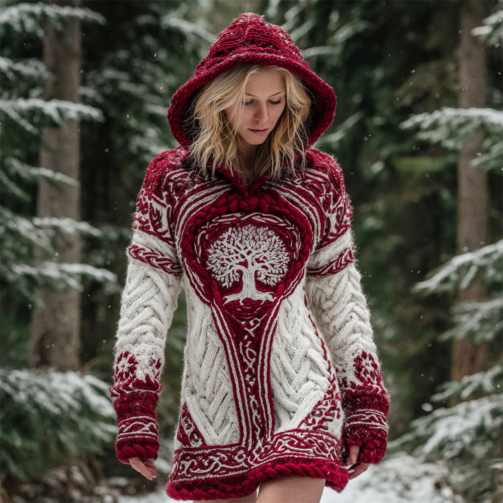 Christmas Viking Tree Of Life Women's Knit Hooded Mini Dress artswardrobe