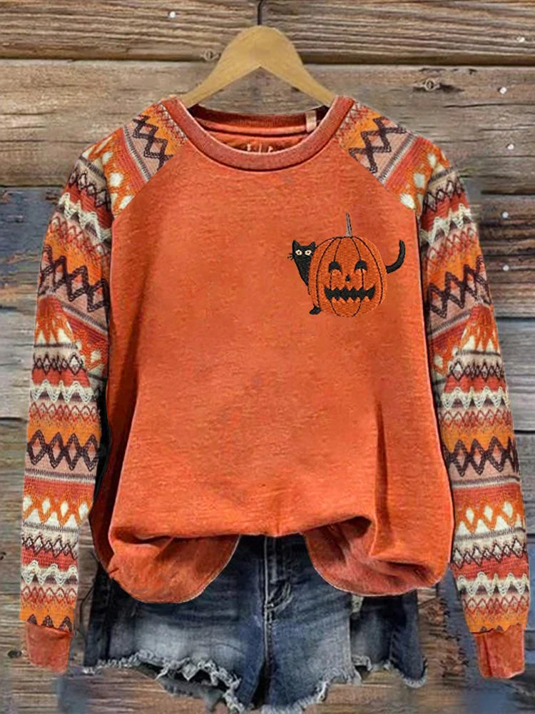 Women's Halloween Black Cat Pumpkin Sweatshirt elevenforest