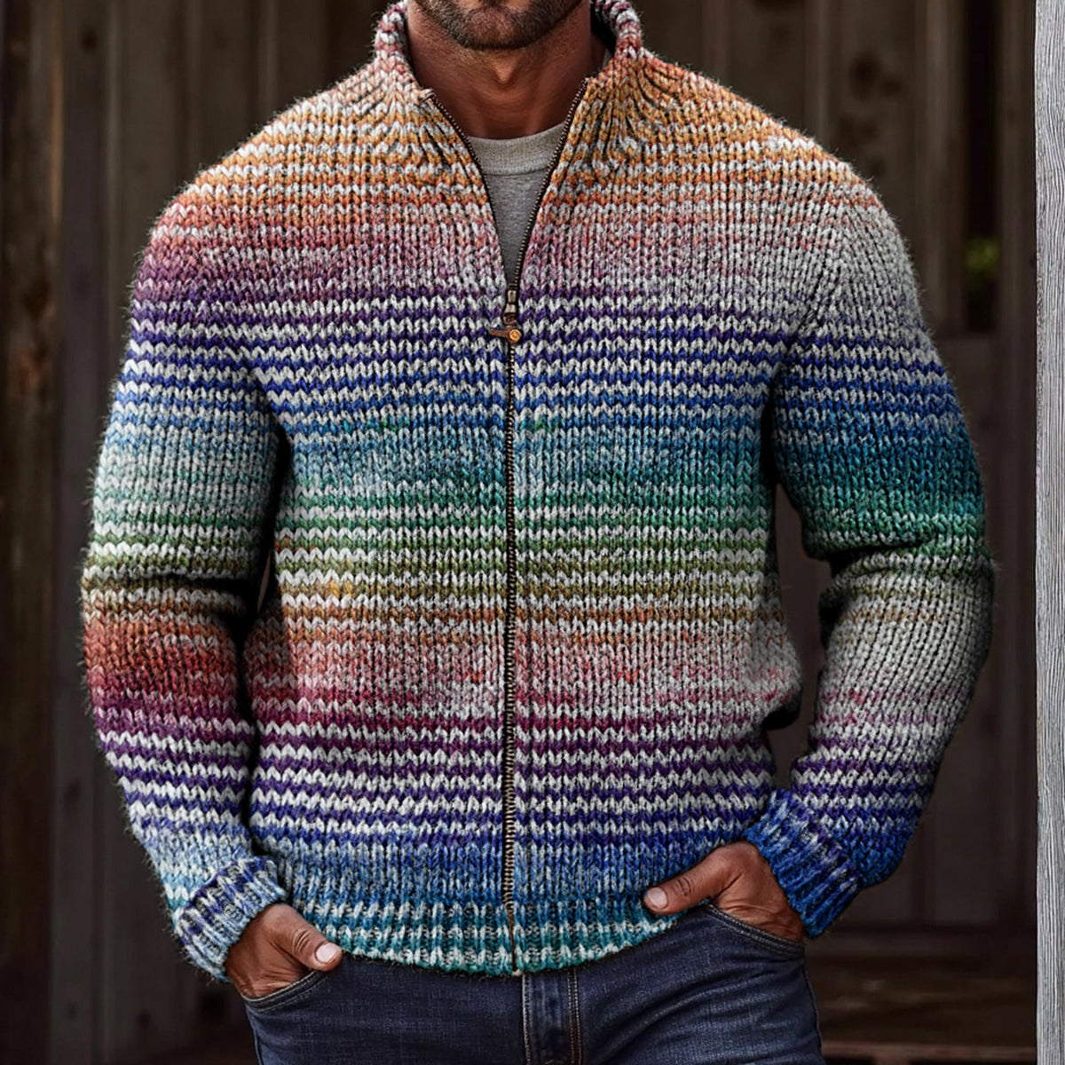 Men's Vintage Gradient Knitted Jacquard Zip Cozy Sweater artswardrobe