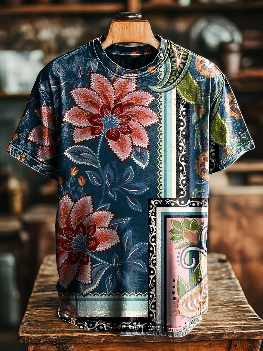 National Flowers Patchwork Vintage Art Print Casual T-shirt For Men An