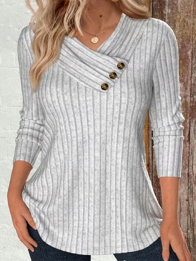 Women'S Casual V-Neck Irregular Button-Down Ribbed Top