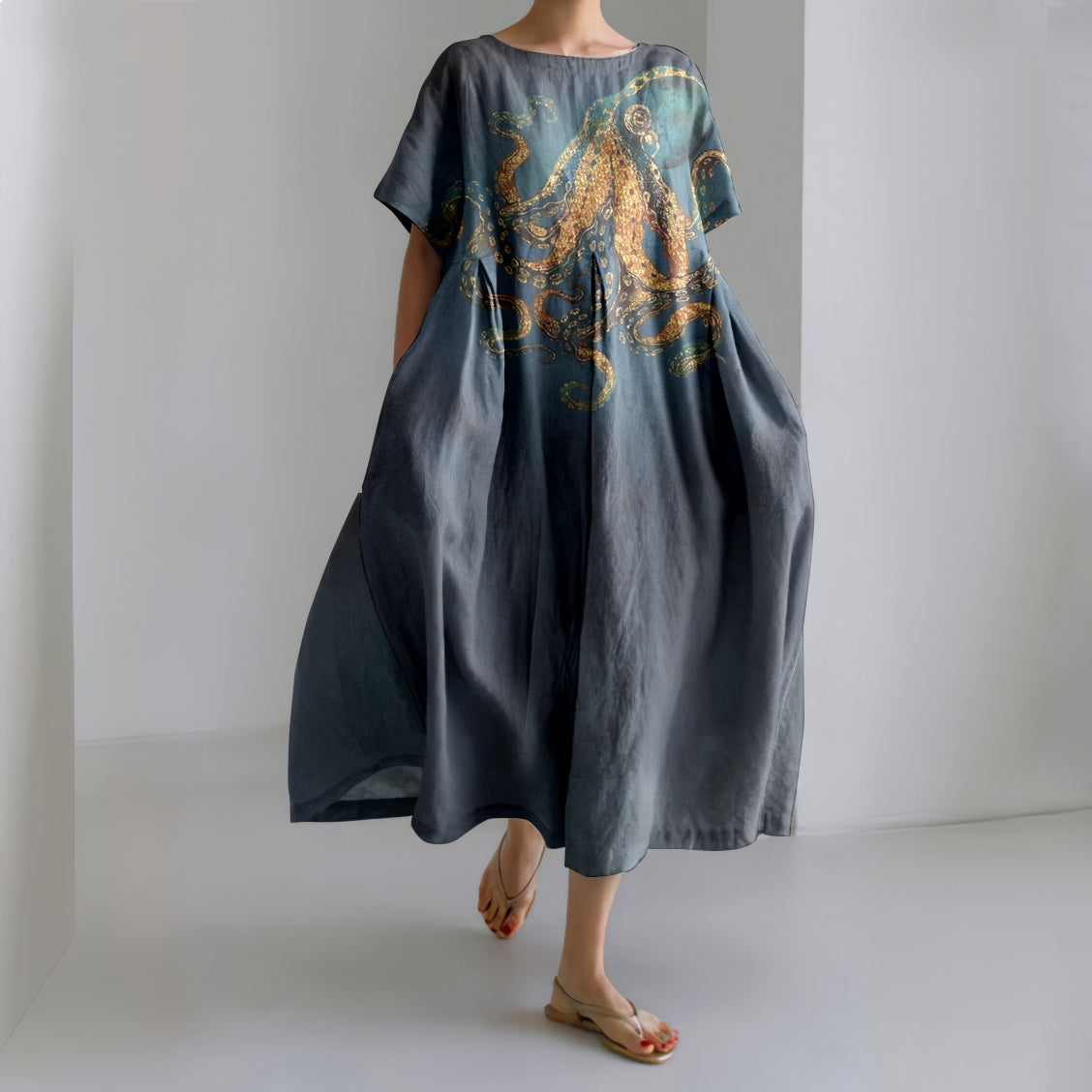 Japanese Octopus Art Linen Blend Casual Dress