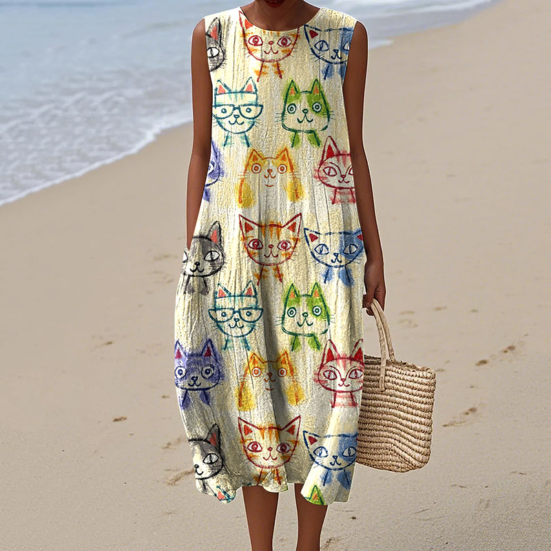 Women's Vintage Cute Cat Art Print Linen Dress artswardrobe