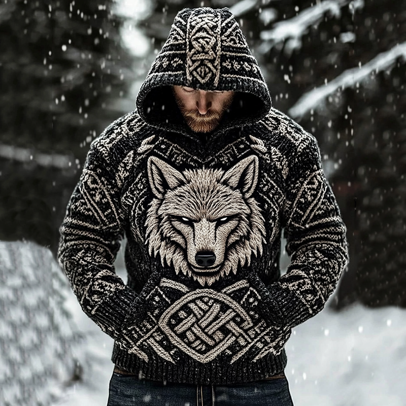 Men's Viking Wolf Art Knit Pocket Hooded Sweater artswardrobe