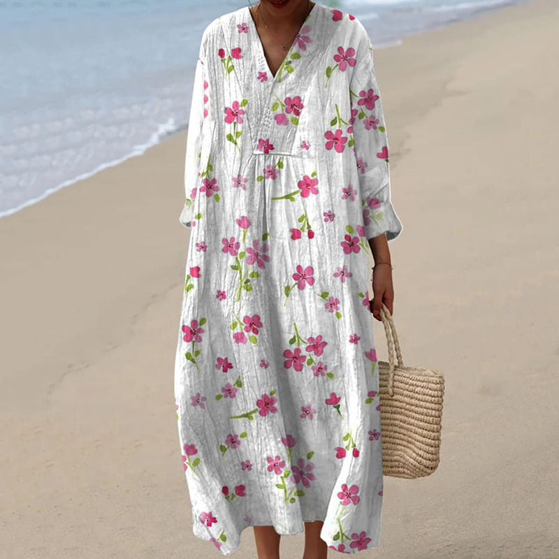 Comstylish Vintage Floral Art Cotton Linen Comfy Maxi Dress