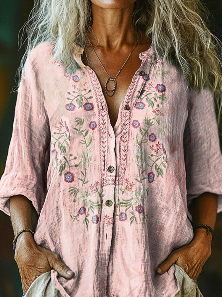 Women's Floral Pattern Art Print Casual Cotton Linen Shirt