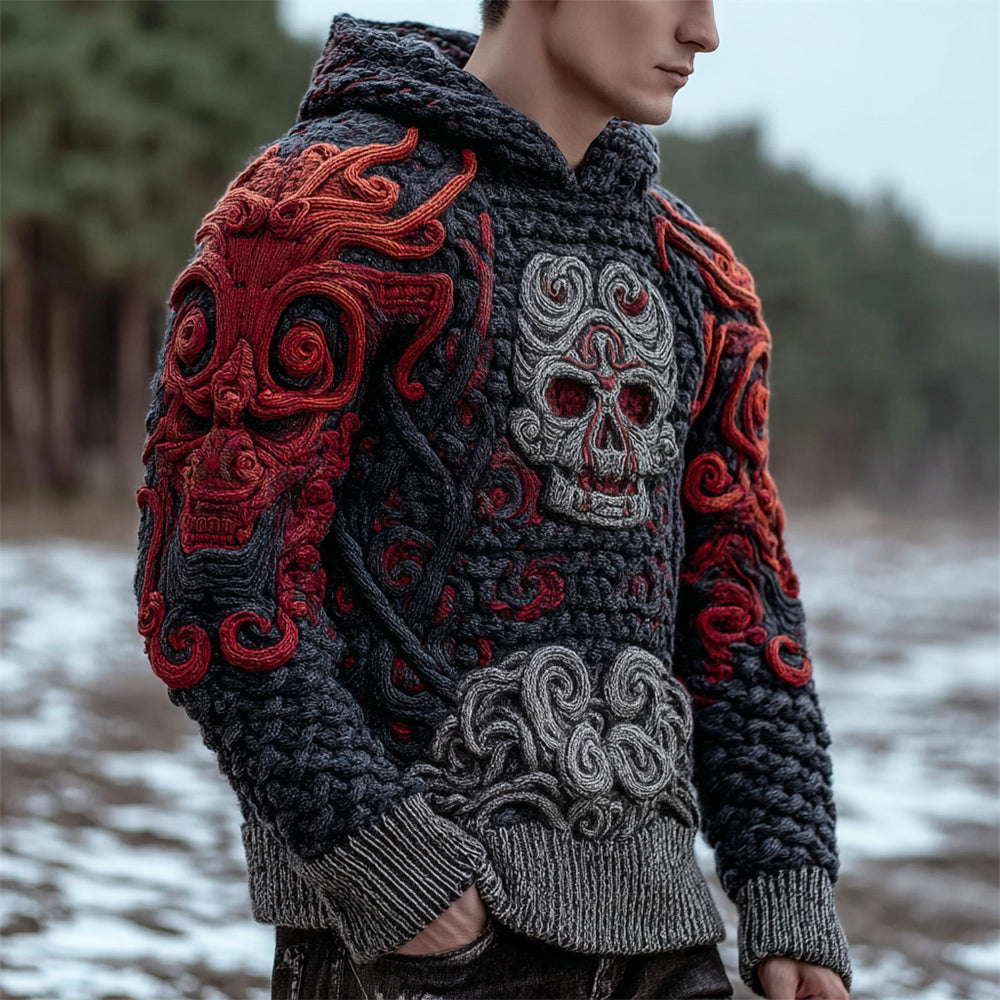 Japanese Skull Ghost Art Men's Chunky Knit Hooded Sweater artswardrobe