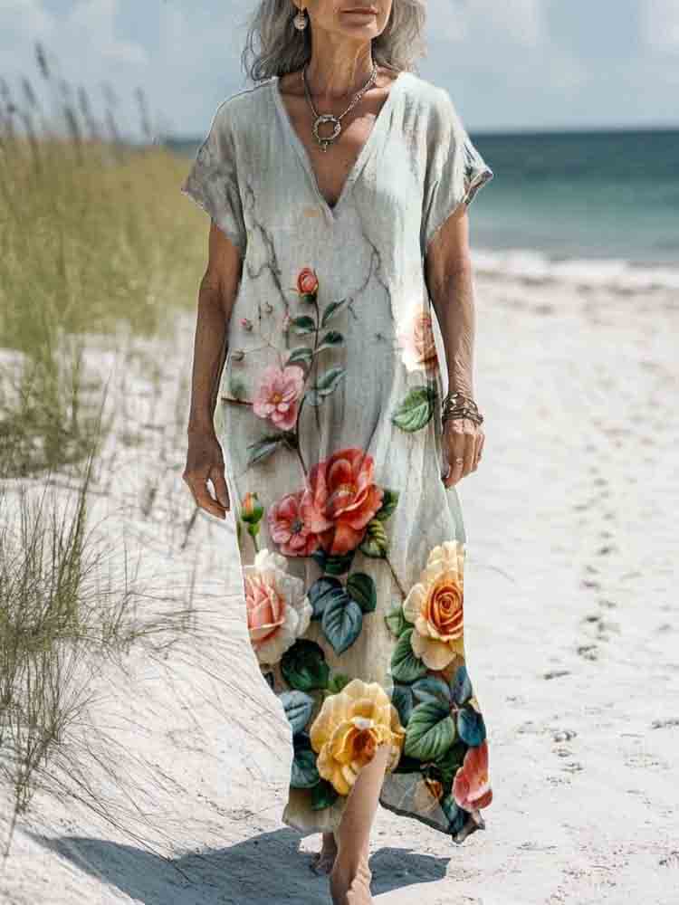 Women's Vintage Art Flower Print Pocket Cotton Dress