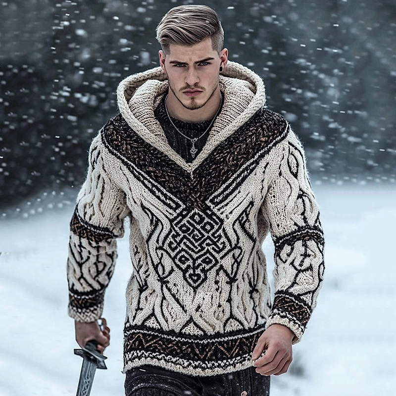 Men's Viking Tribal Jacquard Celtic Inspired Cozy Hooded Sweater elevenforest