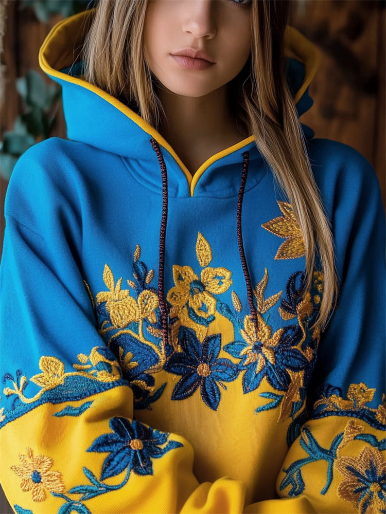 Comstylish Ukraine Ethnic Floral Embroidered Contrast Color Hoodie