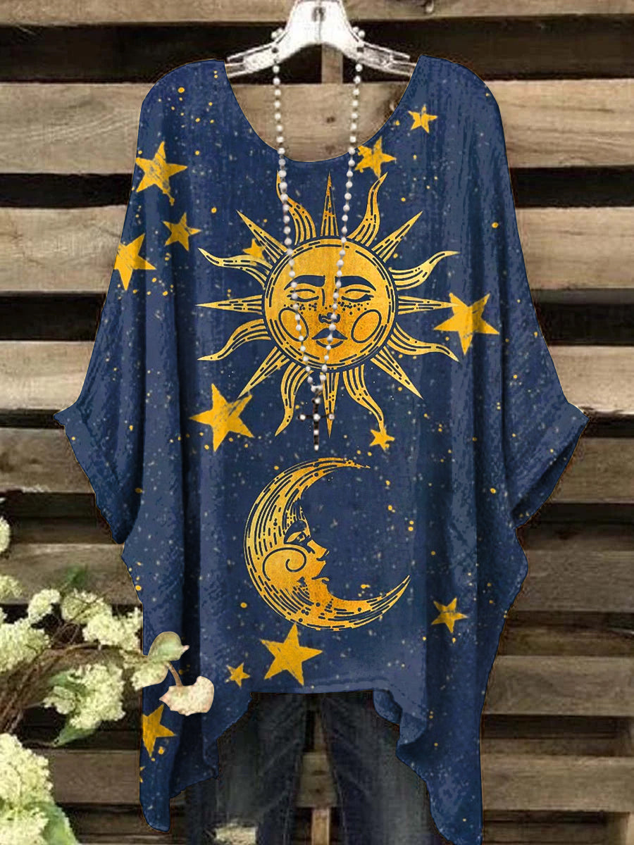 Women's Vintage Star And Moon Painting Art Print Crew Neck Top