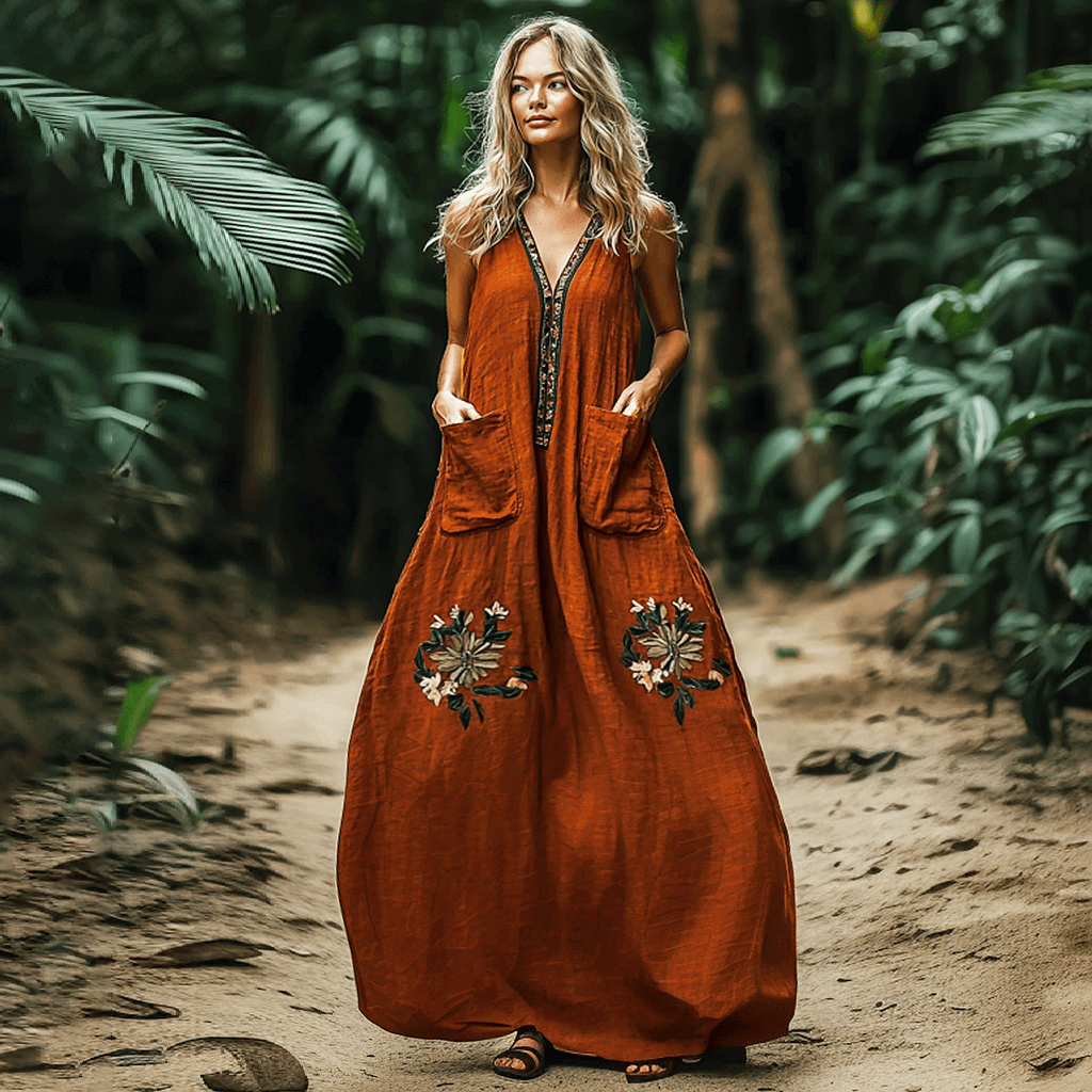 Bohemian Floral Embroidery Sleeveless Cozy Linen Maxi Dress artswardrobe