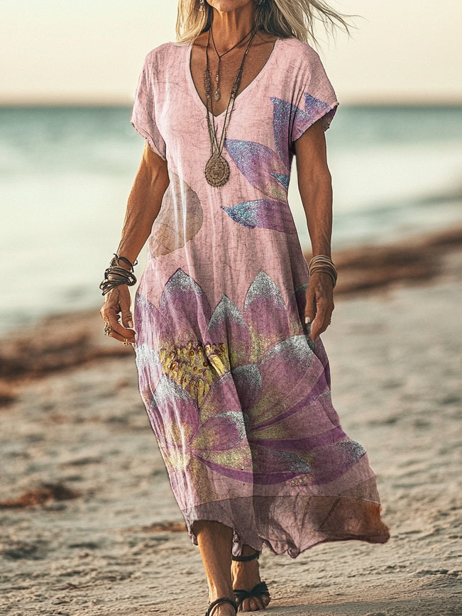 Women's Retro Lotus Print Pocket Cotton Dress