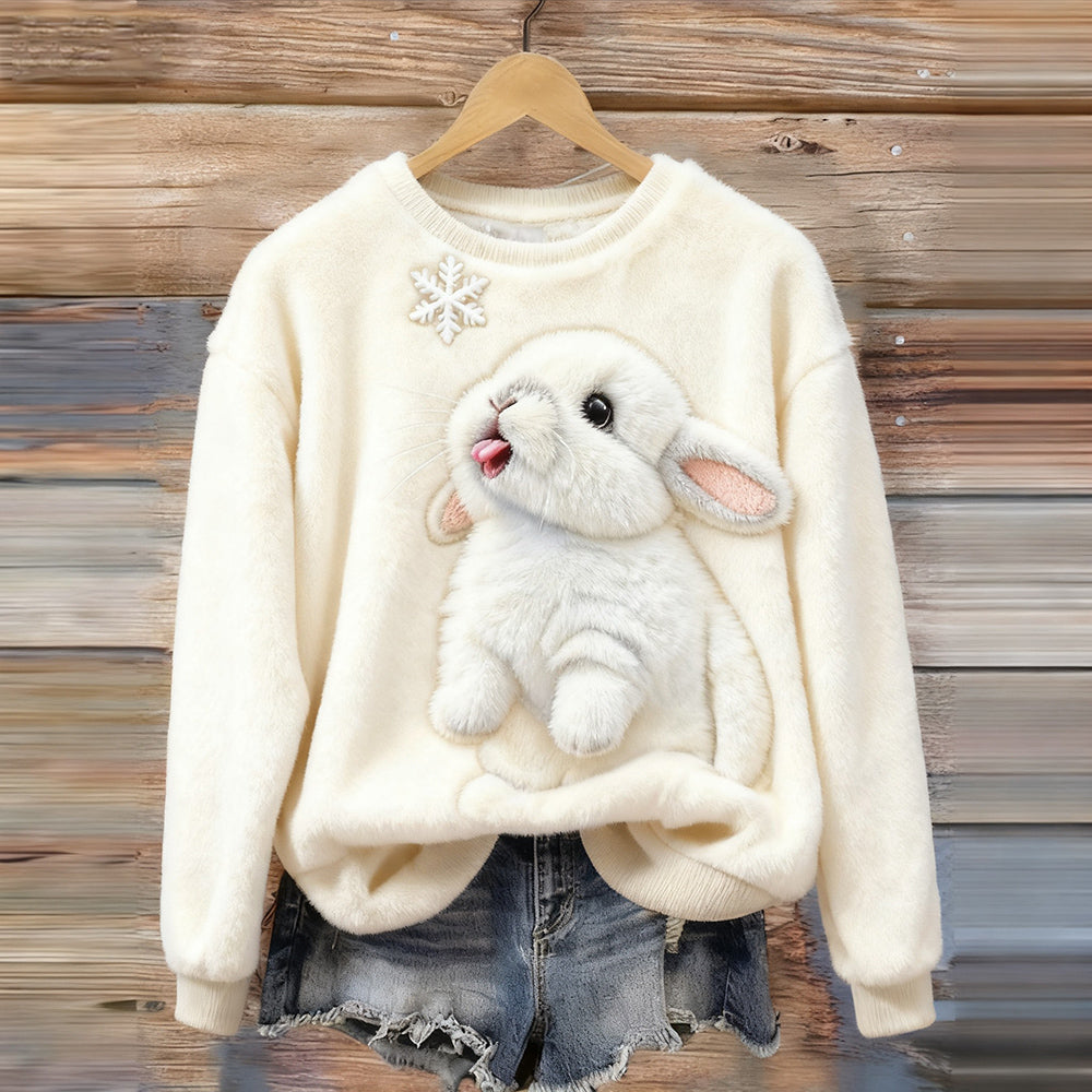 Comstylish Cute Bunny & Snowflake Embroidered Cozy Plush Sweatshirt