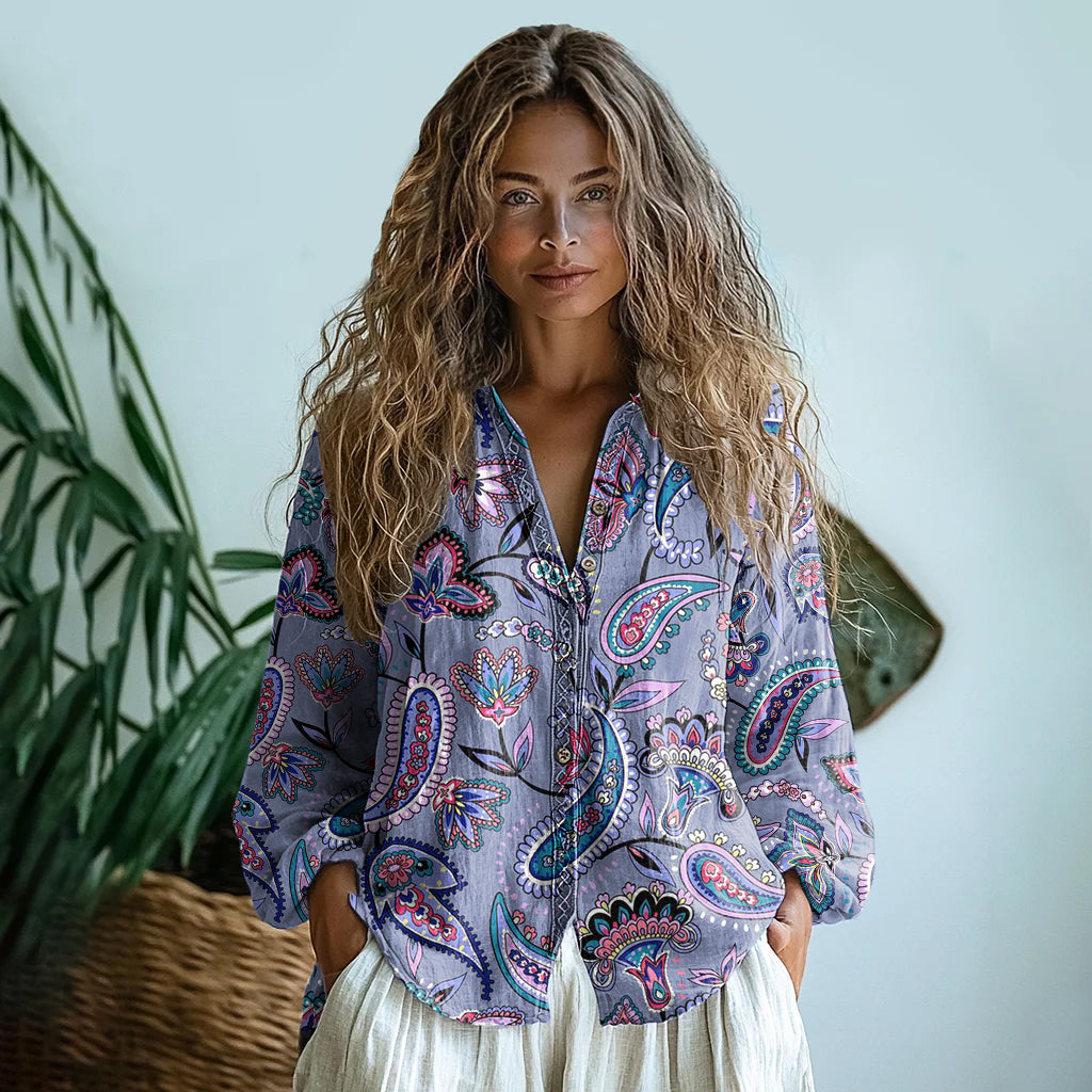Bohemian Style Paisley Linen Print Long Sleeve Shirt artswardrobe