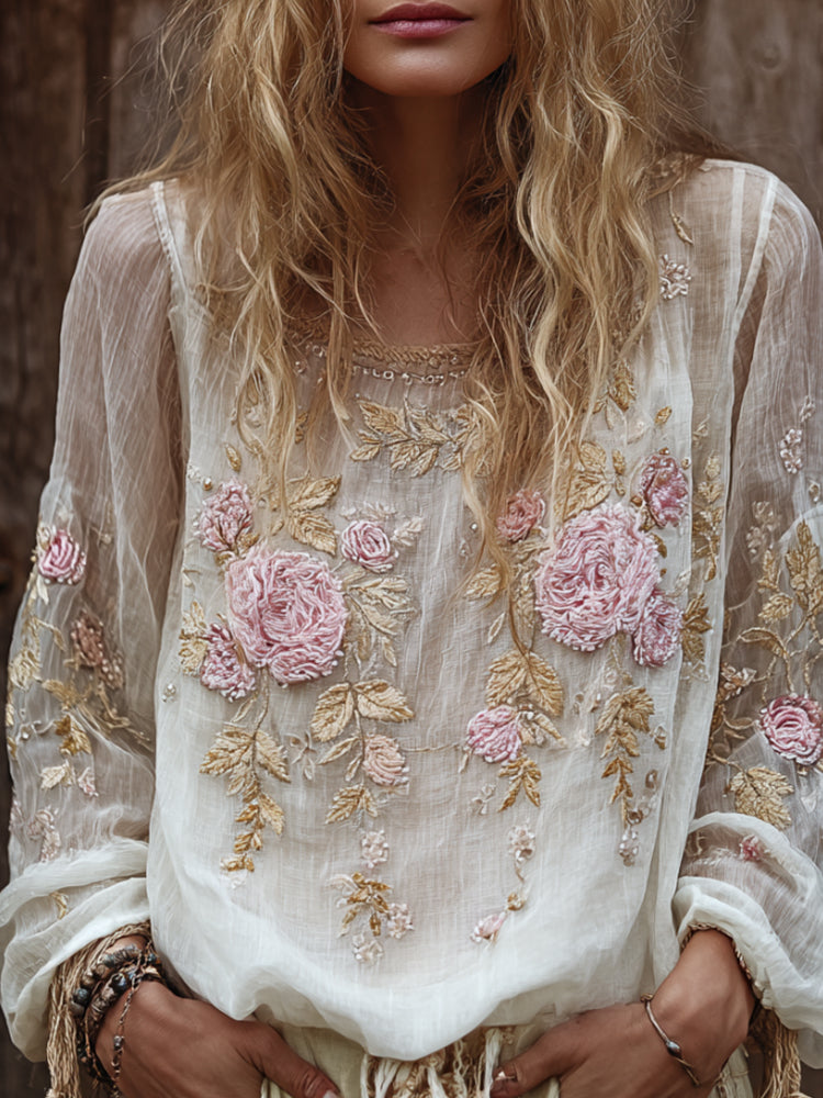 Comstylish Women's Embroidered Flower White Round-neck Long-sleeved Shirt