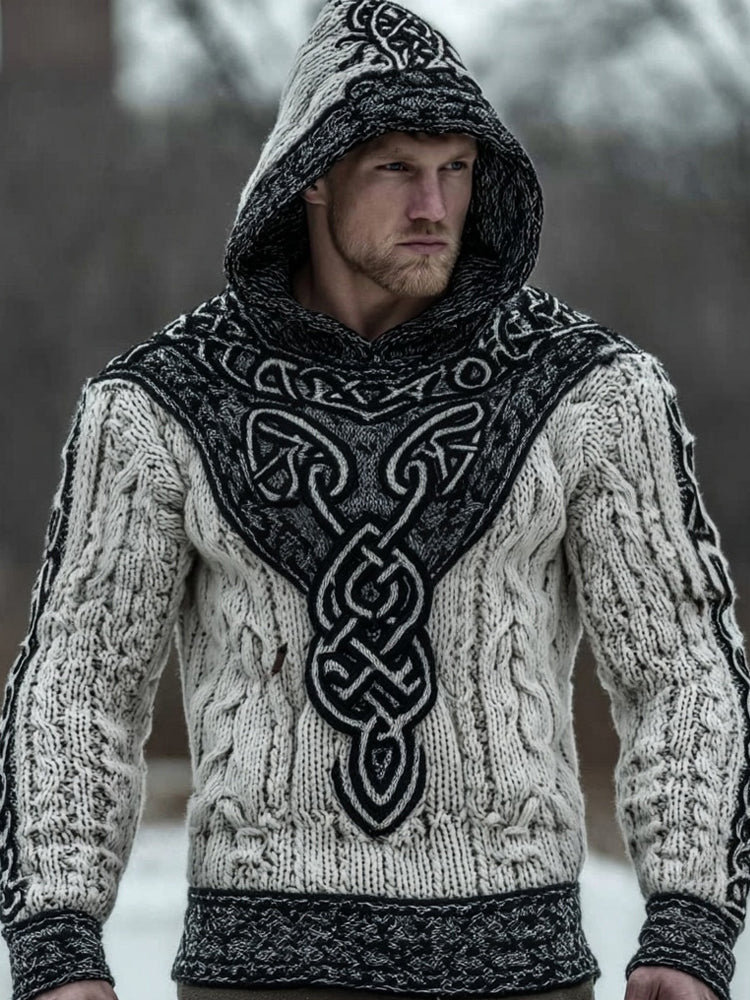 Men's Vintage Viking Celtic Knot Contrast Cozy Knit Hoodie elevenforest