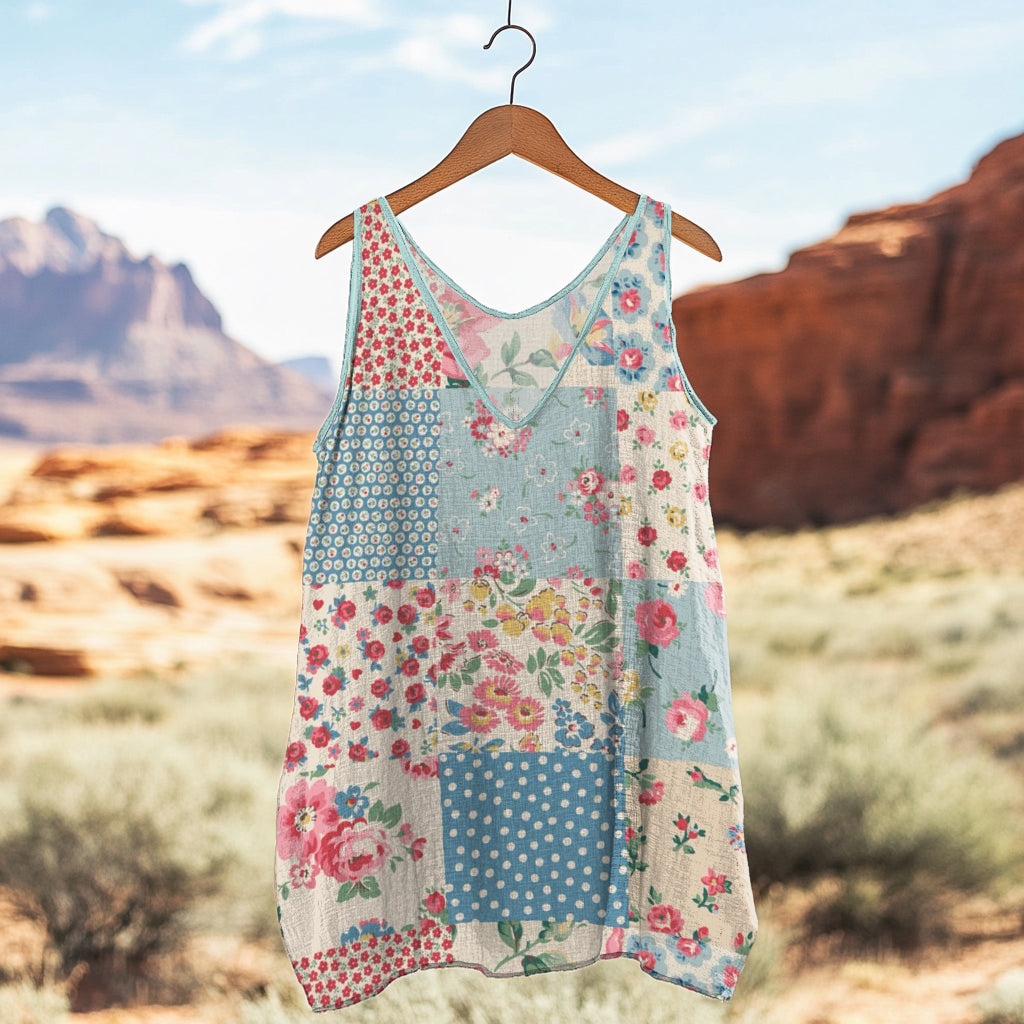 Women's Retro Loose Floral Patchwork Linen Suspender Sleeveless Tank Top artswardrobe