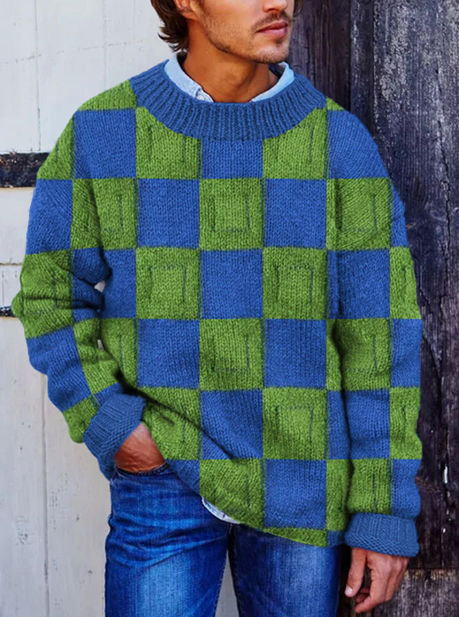 Vegan Mock Minimalist Knit Pullover Sustainable Plaid Patchwork Warmth Knitted Jacquard Unisex Sweater artswardrobe
