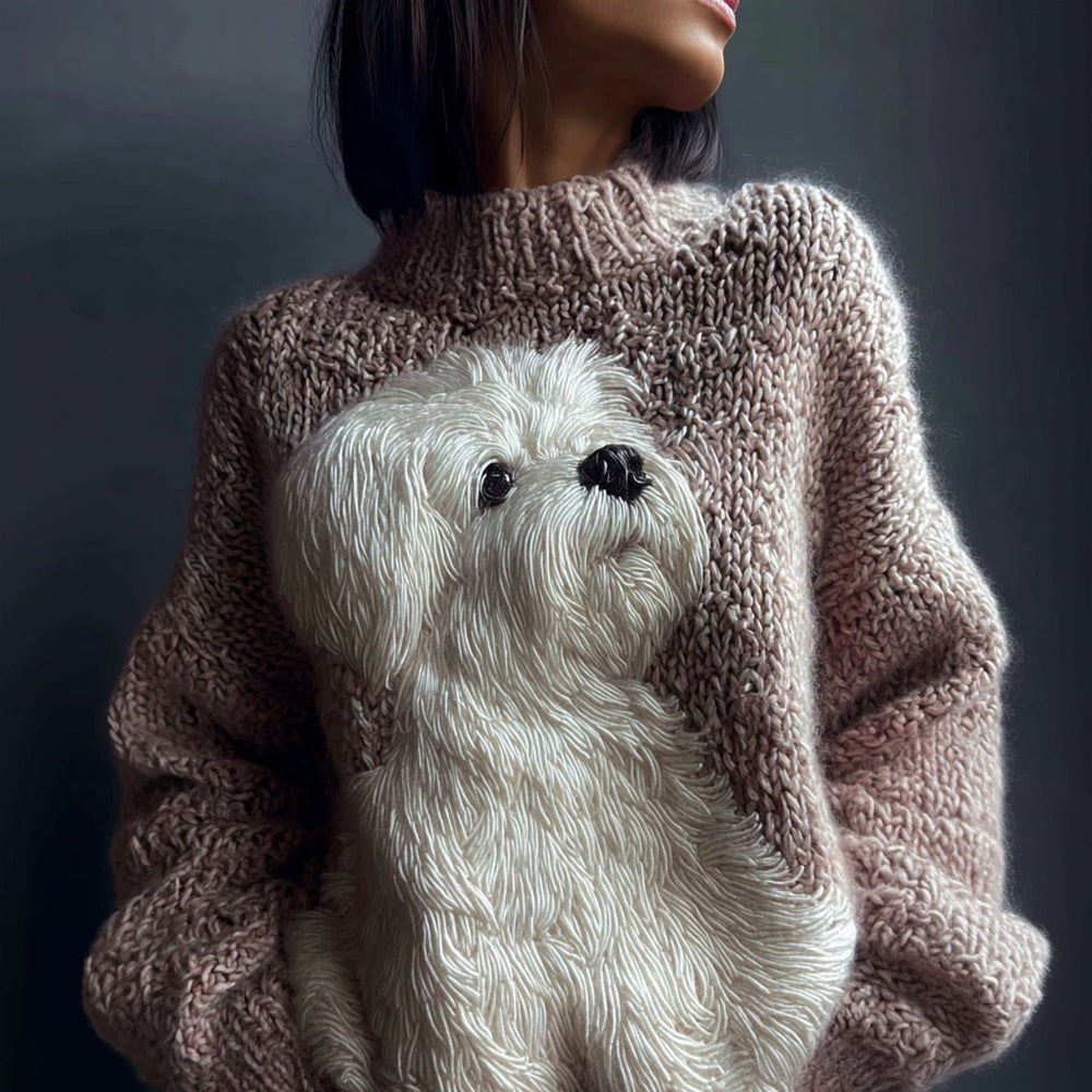 Comstylish Cute White Dog Embroidered Crew Neck Cozy Sweater