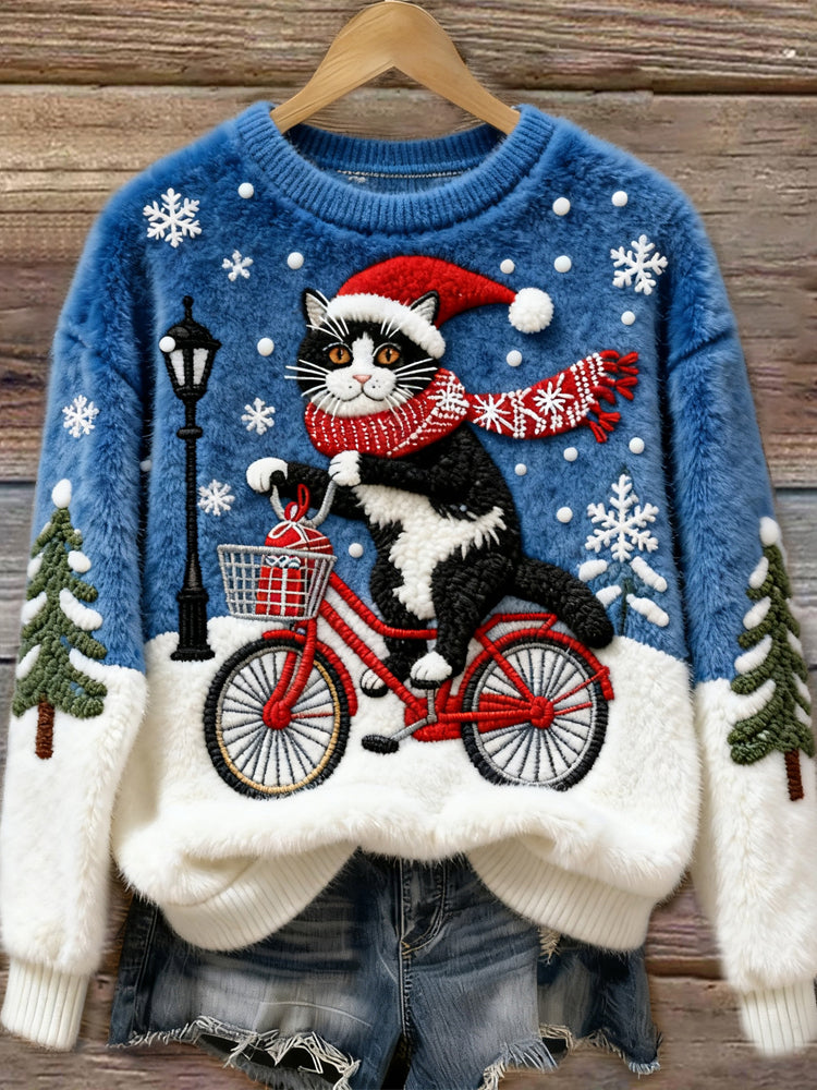 Christmas Bicycle Cat Women's Cozy Plush Sweater elevenforest