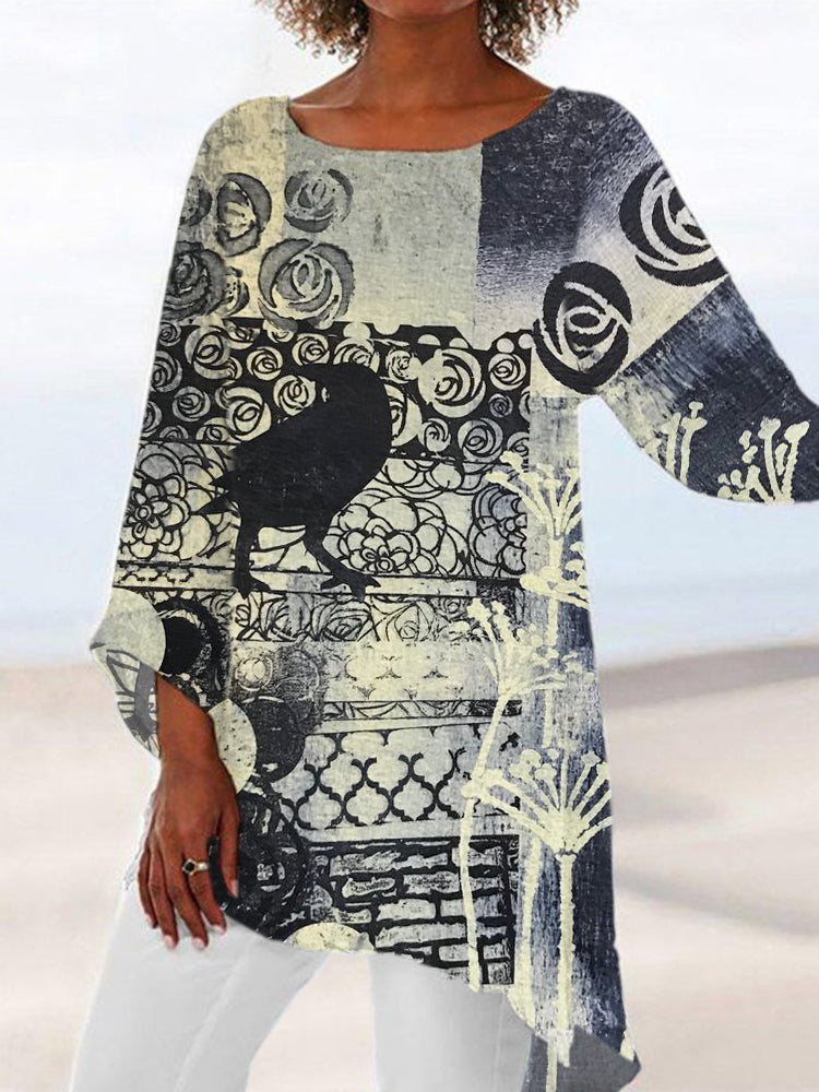 Raven & Rose Vintage Pattern Women's Linen Long Shirt artswardrobe