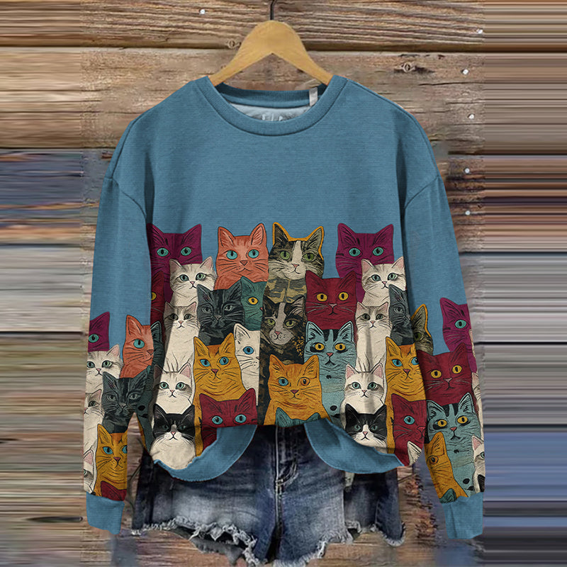 Comstylish Women's Vintage Abstract Colored Cat Art Sweatshirt