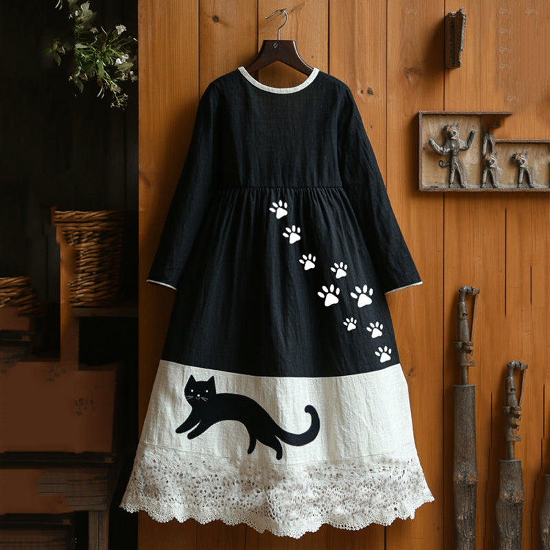 Comstylish Vintage Abstract Creative Cute Black Cat Art Maxi Dress