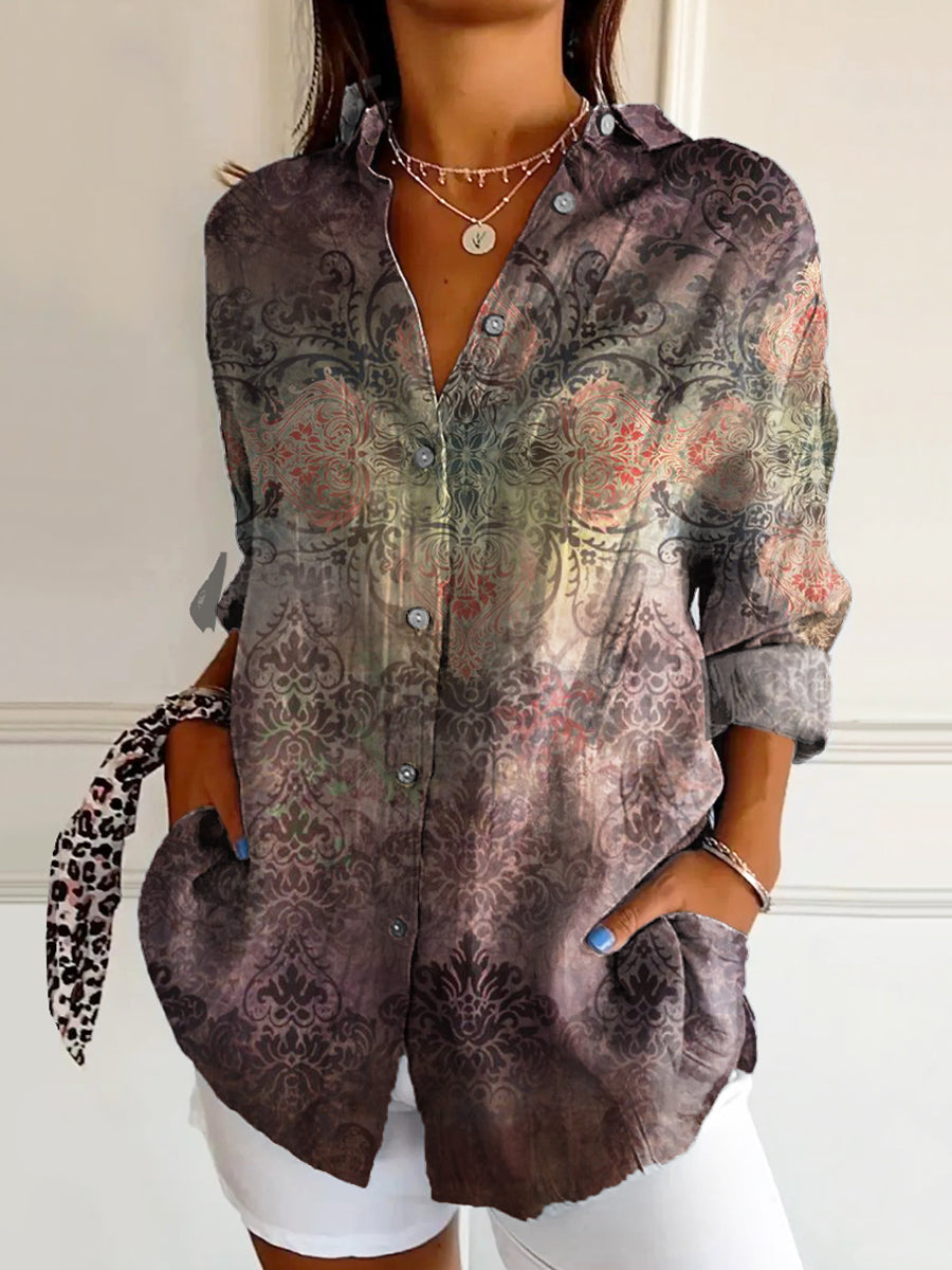 Women's Vintage Ethnic Floral Art Print Casual Cotton Shirt