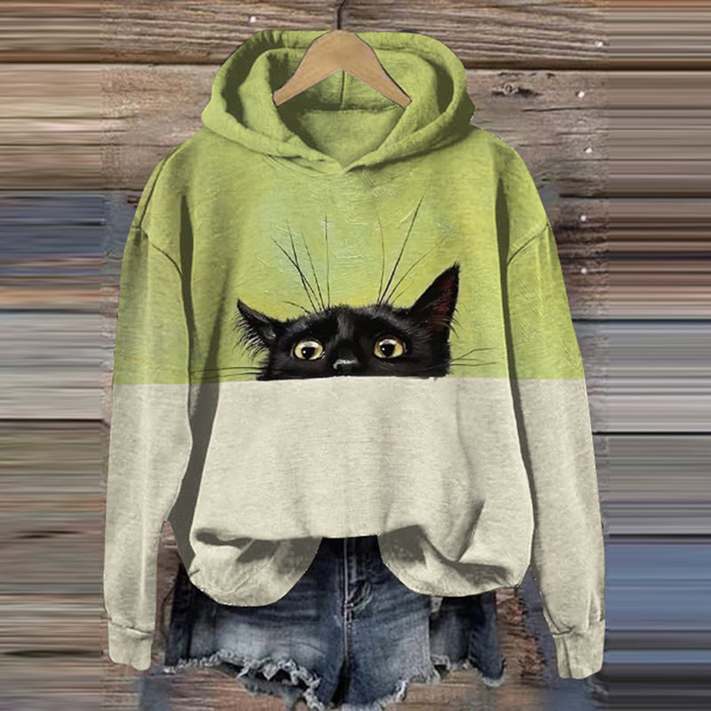 Women's Color Block Black Cat Print Casual Hoodie elevenforest