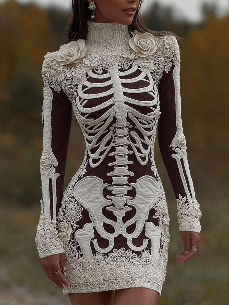 Comstylish Comstylish Women's Halloween Skeleton Bones With Rose Art Cozy Knit Turtleneck Mini Sweater Dress