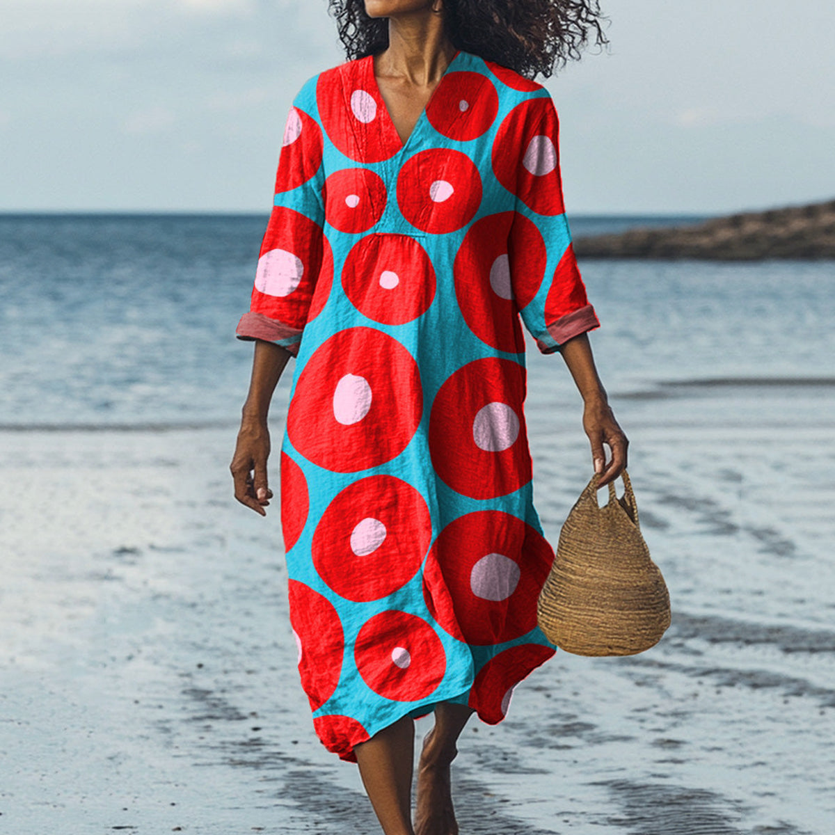 Comstylish Vibrant Geometric Circle Pattern Printed Women's Dress