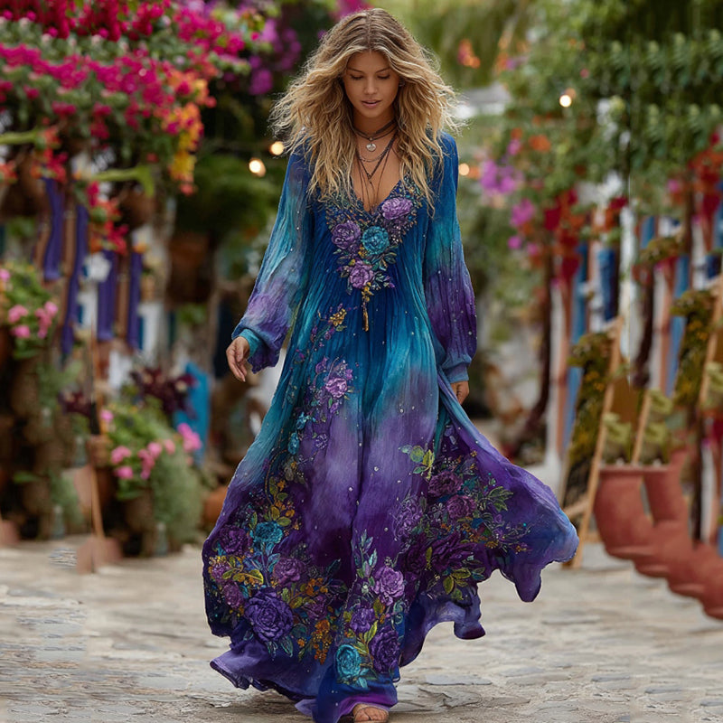 Women's Vintage Floral Embroidery Gradient Long Sleeve Dress artswardrobe