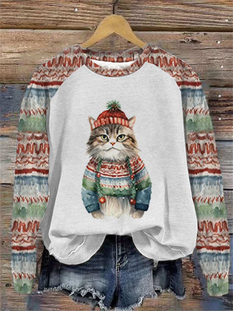 Women's Christmas Cute Pet Cat Printed Sweatshirt elevenforest