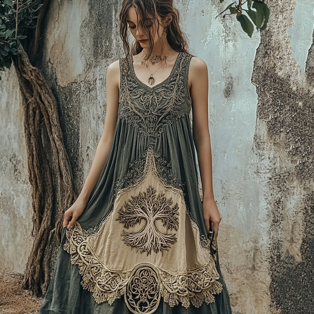 Vintage Tribal Viking Tree Of Life Celtic Knot Linen Blend Tank Midi Dress artswardrobe