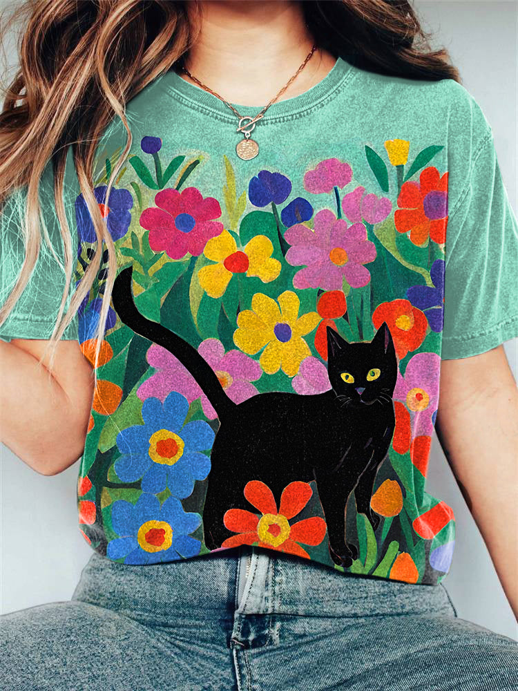 Cat Flower Art Print Cotton Casual T-Shirt elevenforest