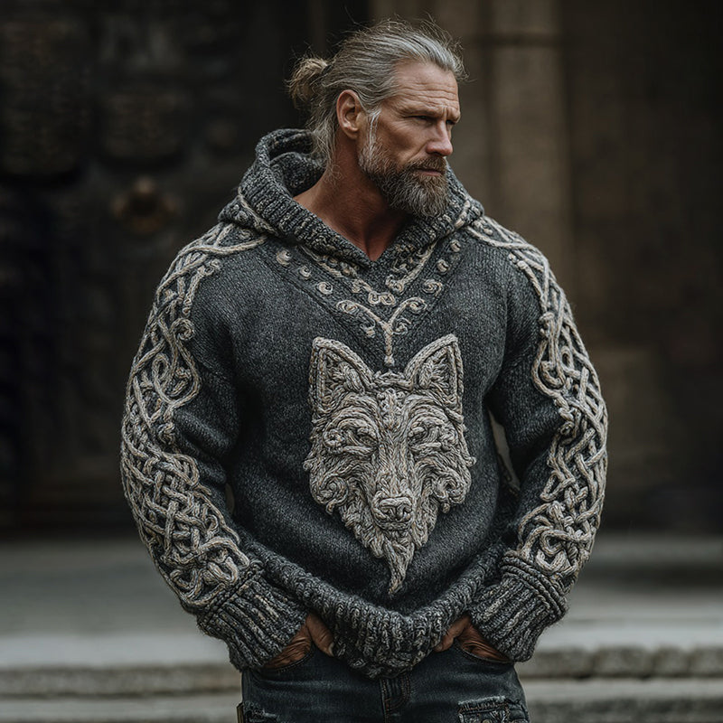 Men's Viking Wolf Celtic Jacquard Knit Hoodie Sweater elevenforest