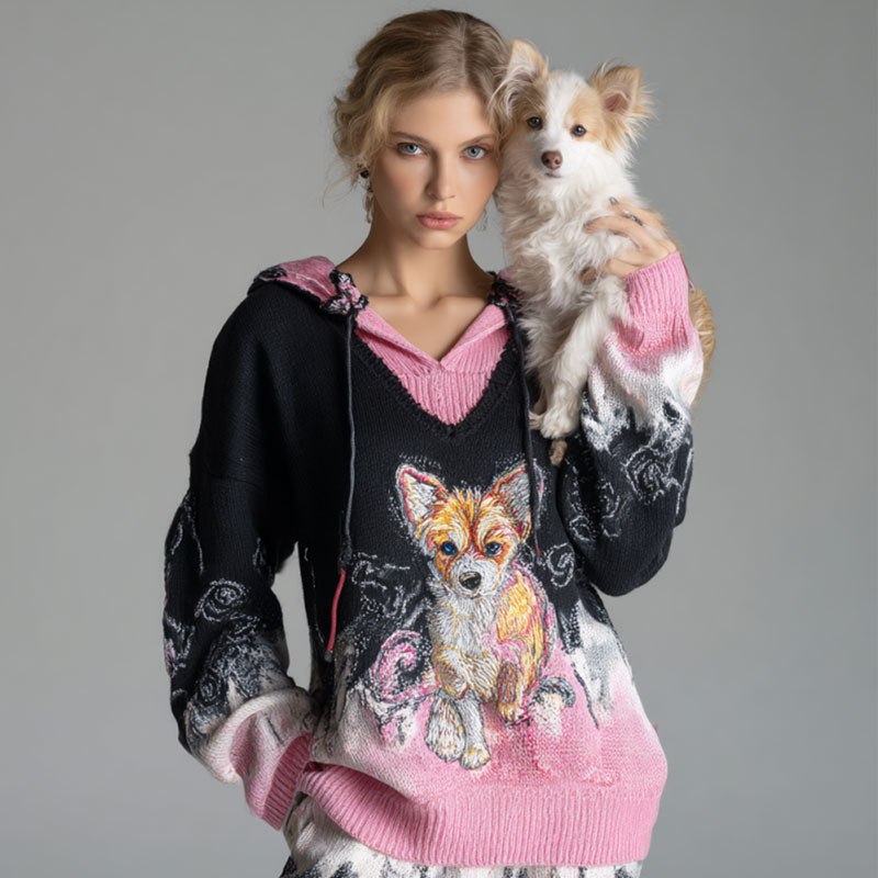 Comstylish Women's Vintage Dog Embroidered Hooded Sweater