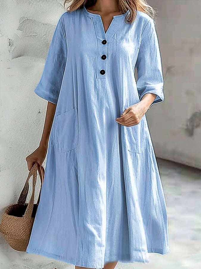 Women'S Solid Color Cotton And Linen Casual Dress